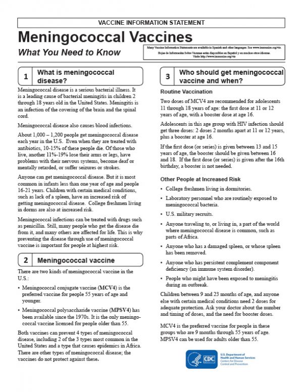 Vaccine Handout: Meningococcal