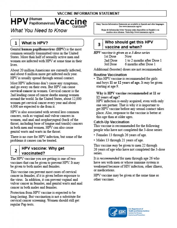 Vaccine Handout: HPV Gardasil