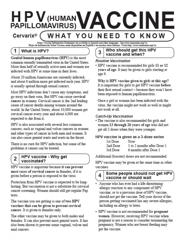 Vaccine Handout: HPV Cervarix