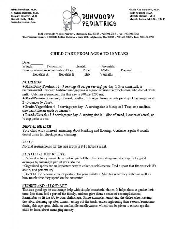 Parent Handout: 6 to 10 Years