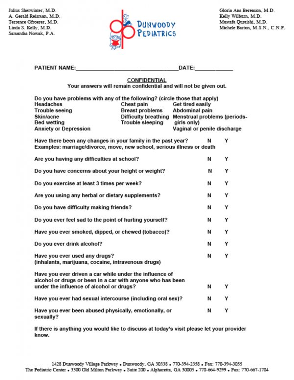 Confidential Adolescent Questionnaire